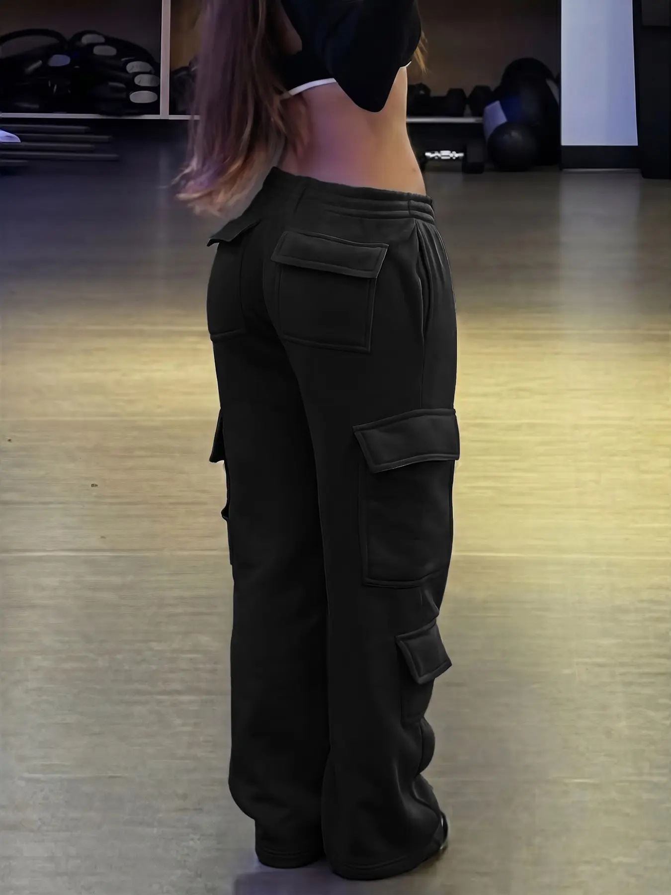 Black Baggy Cargo Sweatpants Women Low Rise Wide Leg Jogger Pants Loose Fit Multi Pocket Streetwear Trousers Soft Lounge Pants Y2K Hip Hop Athleisure Workout Daily Wear Casual Fashion