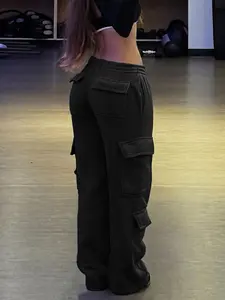 Black Baggy Cargo Sweatpants Women Low Rise Wide Leg Jogger Pants Loose Fit Multi Pocket Streetwear Trousers Soft Lounge Pants Y2K Hip Hop Athleisure Workout Daily Wear Casual Fashion