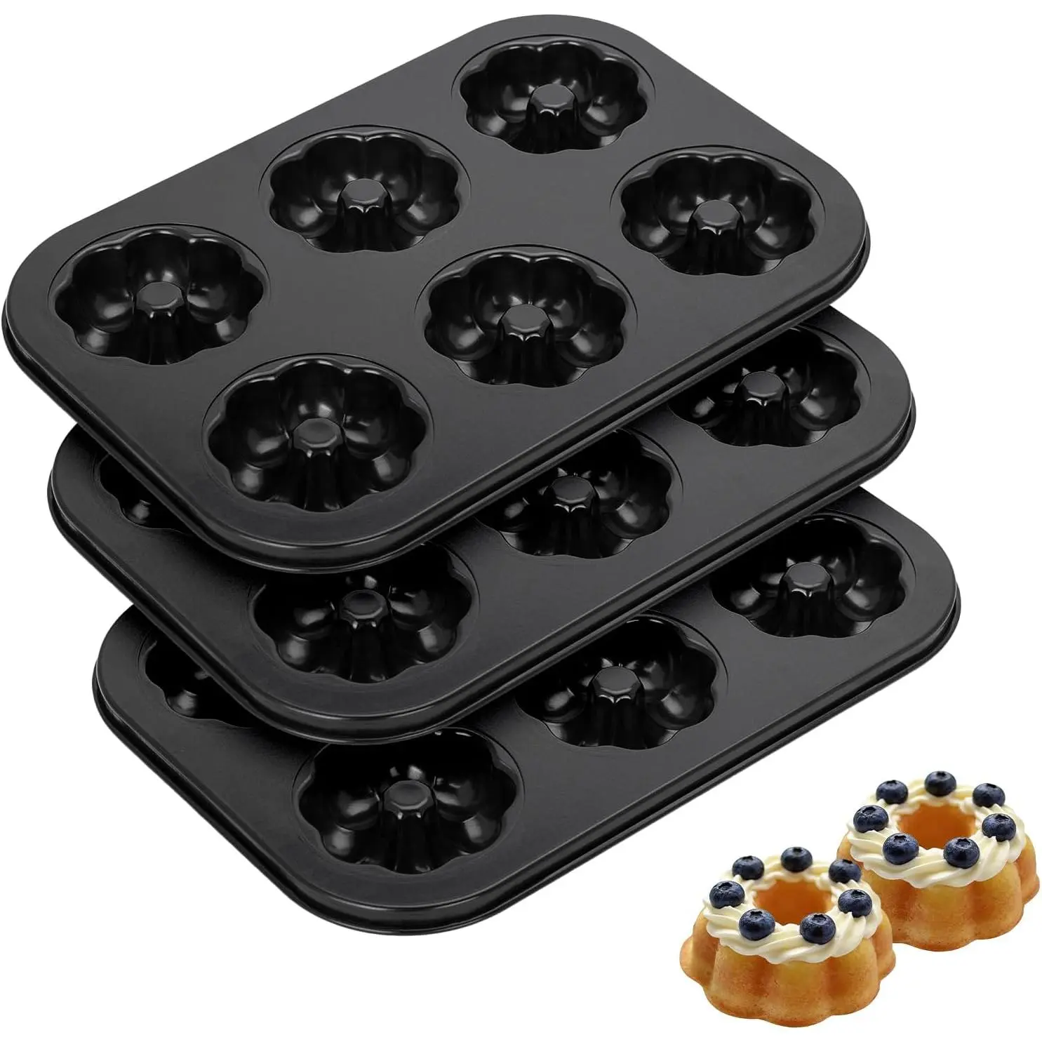 3 Pack 6 Cavity Mini Bundt Cake Pan, Mini Fluted Tube Non-Stick Durable Carbon Steel Baking Molds, Easy Release, Evenly Shaped Cakes Perfect for Home Baking and Party