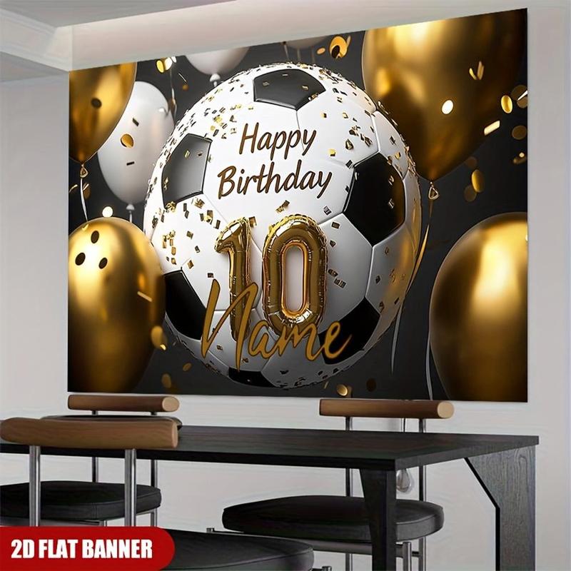 1PC,2D Flat Custom Soccer - Themed 10th Birthday Banner, Personalized Name Birthday Party Decoration Door Banner, Black - Gold Balloon - Style Birthday Backdrop, Outdoor & Indoor Party Decorativ