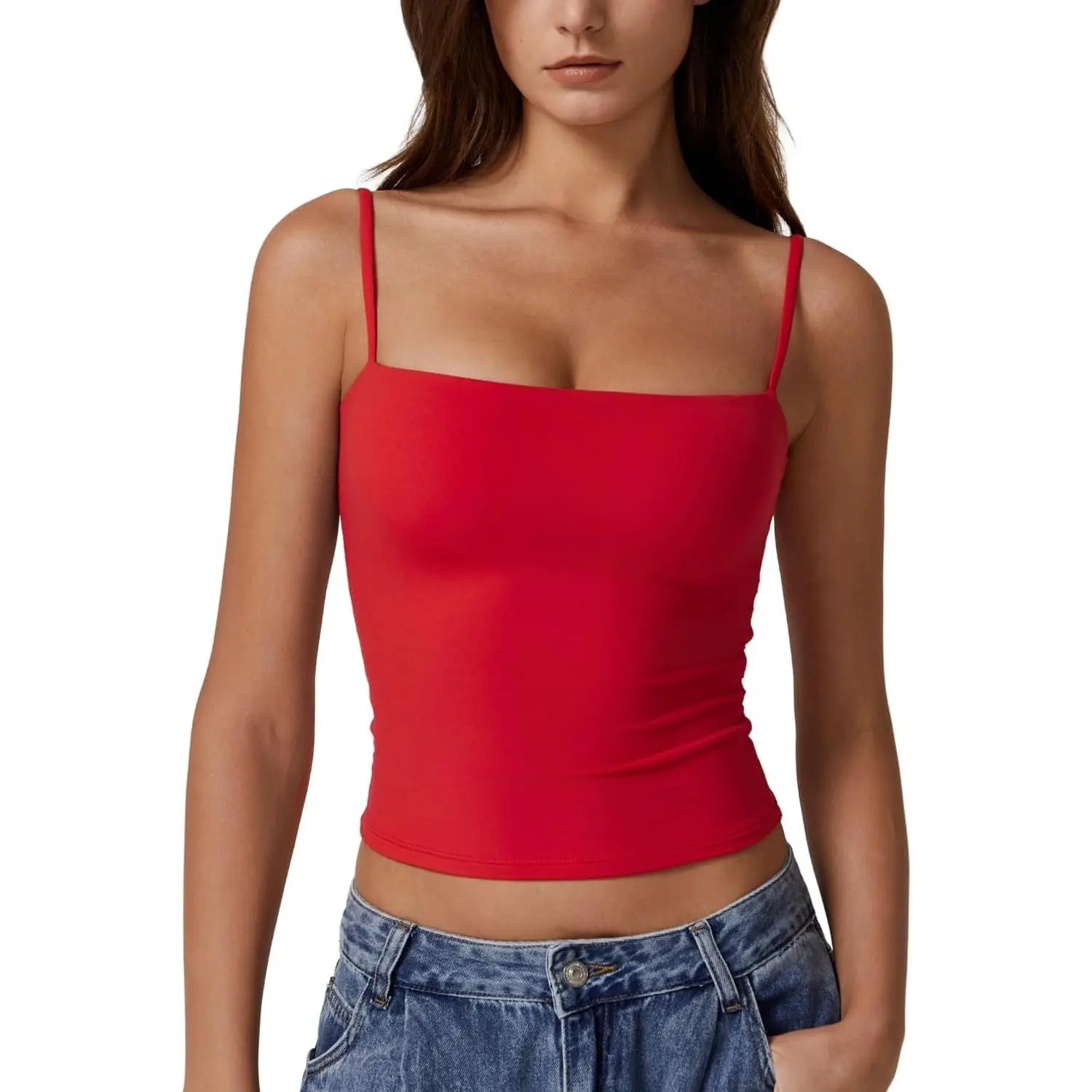 Women's Double Lined Basic Tank Top Adjustable Spaghetti Straps Sleeveless Camisole Shirts
