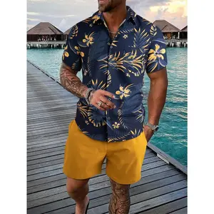 Men's 2 Piece Hawaiian Outfit Tropical Floral Print Short Sleeve Button Down Shirt and Solid Shorts Set Casual Summer Beach Tracksuit