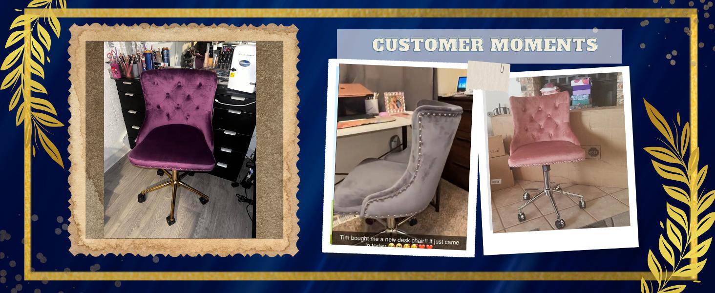 VINGLI Velvet Office Chair - Modern Upholstered Desk Chair with Adjustable Height, Tilting Mechanism, and Rolling Wheels - Pink