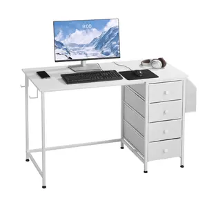 VEVOR Computer Desk with Fabric Drawers, 47 Inch Reversible Study Work Writing Desk for Modern Home Office Bedroom, Simple Modern Cute PC Table Metal Frame Business Furniture, White