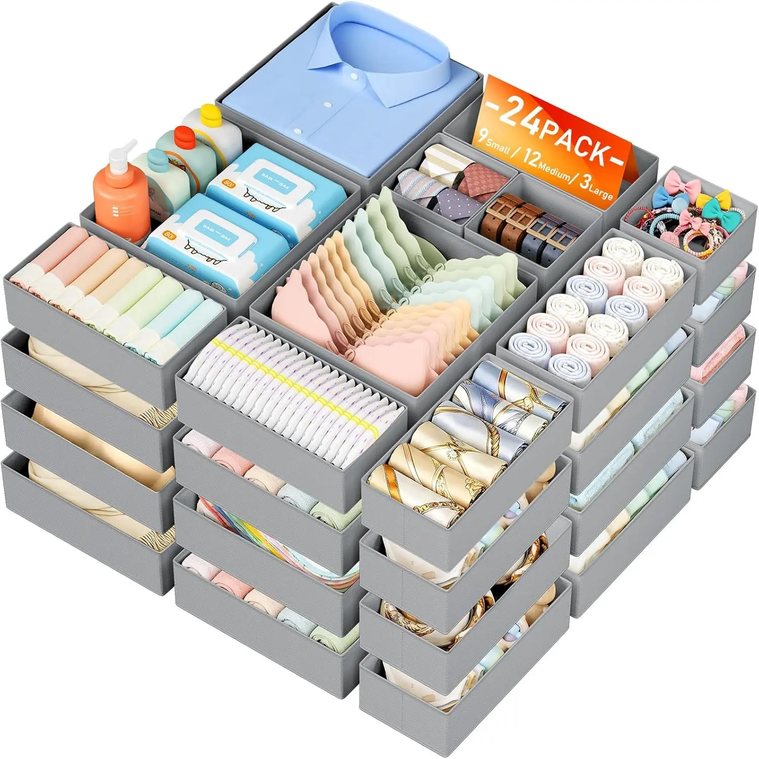 Drawer Organizer Clothes, 24 Pack Dresser Organizer, Foldable Closet Organizers and Storage, Fabric Dresser Bins, Drawer Dividers for ,  Clothes, Underwears, Sock