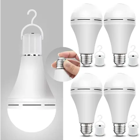 Rechargeable E27 LED Emergency Light Bulb - LED Lights with E27 Socket, 60W Equivalent, 4 Modes, 3 CCT Options, Built-in Cell, Hook, for Home Power Outages, Office Presentations