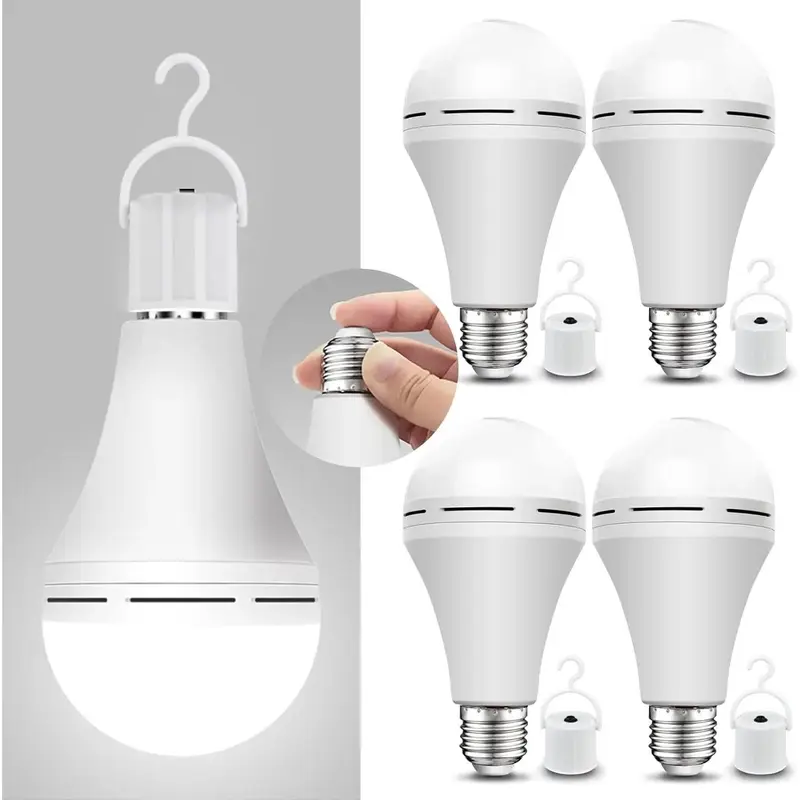 Rechargeable E27 LED Emergency Light Bulb - LED Lights with E27 Socket, 60W Equivalent, 4 Modes, 3 CCT Options, Built-in Cell, Hook, for Home Power Outages, Office Presentations