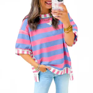 Pink Stripe Exposed Seam Contrast Patchwork Oversized Top