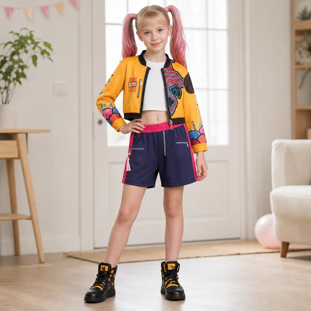 Halloween Demon Hunter Costume Set with Yellow Cropped Jacket, Navy Shorts and Toy Sword Cosplay Outfit