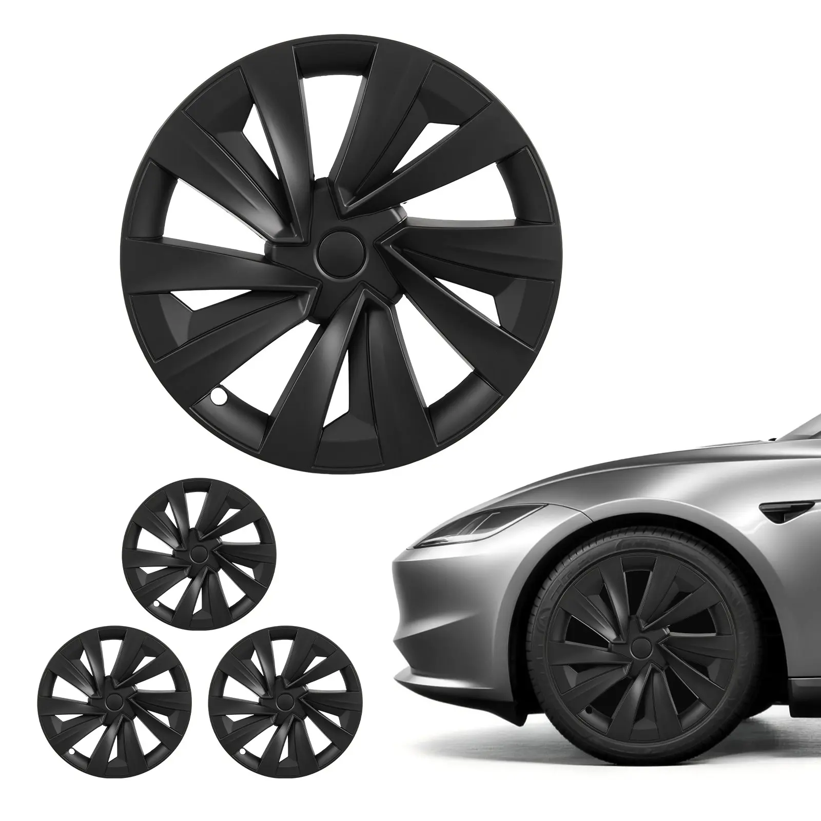 VEVOR 19-Inch ABS Hubcaps, Set of 4 Pre-Grooved Multi-Spoke Matte Black OEM-Style Snap-On Wheel Rim Covers with Cushion Tape for 2025 Tesla Model Y, Sturdy Full-Cover Replacement Solution