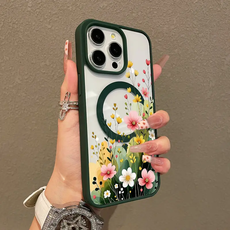 Pastel Wildflower Border Magnetic Protective Case for iPhone 17 16 E Pro Max 15 Plus 14 13 12 11 XS XR, Girly Design | Shockproof, Silicone, Stylish, Trendy, and Scratch Resistant