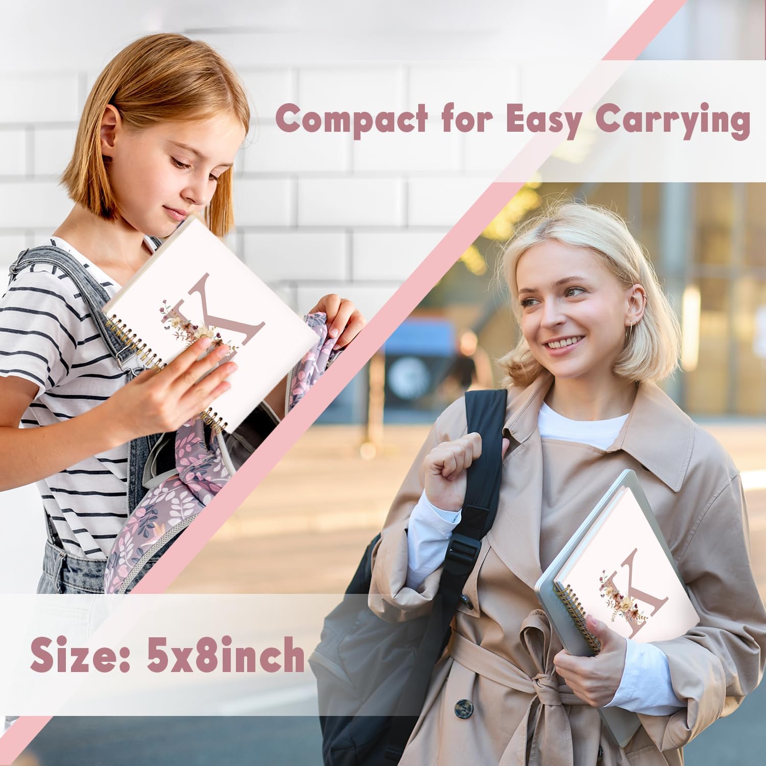 Pink Wildflower Initial Letter K Notebook Journal, Aesthetic Personalized Spiral Notebook, Customized Monogrammed Gifts, Birthday Gifts for Women, School Supplies Office Supplies 5.5x8.3