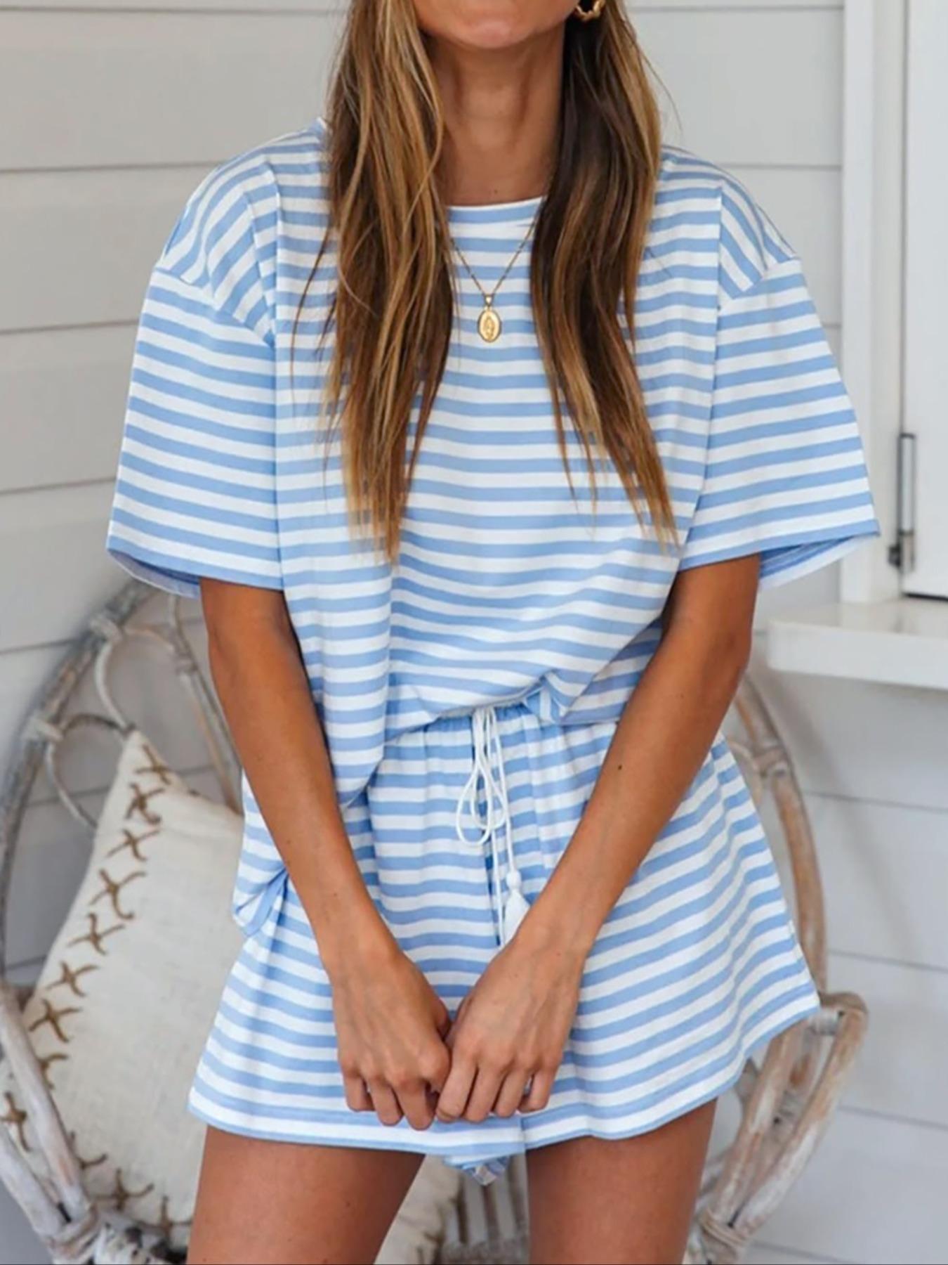 Women's Striped Print Top & Shorts Relaxed Fit Loungewear Two-piece Set, Casual Round Neck Short Sleeve Top & Drawstring Waist Shorts Pj Set, Ladies Summer Sleepwear, Striped Print Bottoms, Pastel Cute Pajamas, Pastel Pj Set