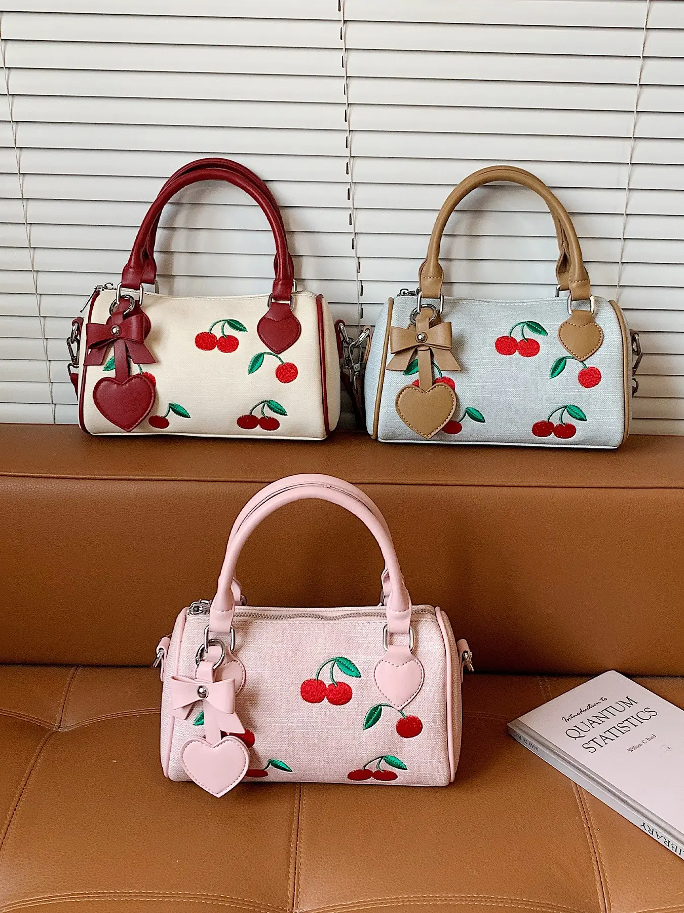 1pc Pink Cherry Embroidery Mini Boston Chic Handbag Sweet Girly Korean Gentle Style Bow Heart Charm Short Top Handle Detachable Crossbody Bag For Women Dating Afternoon Tea Daily Outfit