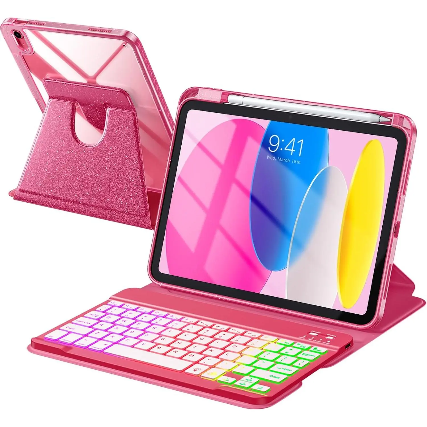 Compatible with iPad 11th 10th Generation Case with Keyboard - Detachable  Keyboard Case for iPad A16 11-inch 2025 & 10.9-inch 2022, 7 Colors Backlit & 360° Rotatable Glitter Cover