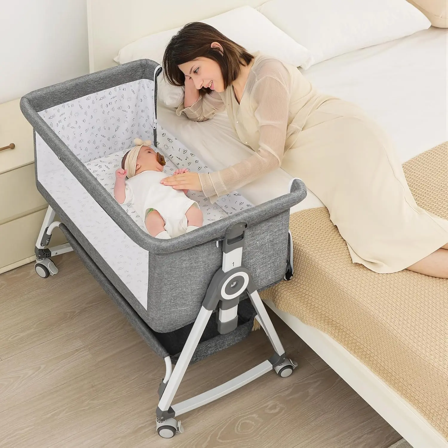 Baby Bassinet, Portable Bedside Bassinet, Twin-Friendly, 4-in-1 Bedside Crib with Waterproof Mattress, Adjustable Height & Locking Wheels  Newborns, Grey
