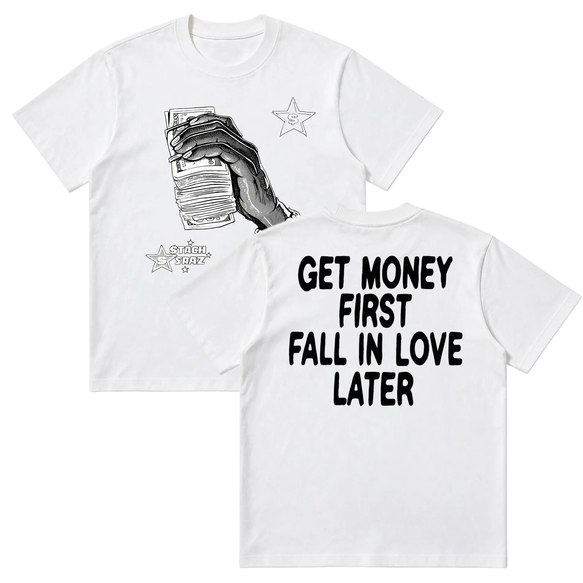 Unisex Heavyweight Breathable Cotton Crew Neck Graphic T-Shirt, Urban Hand Holding Cash Stack Cuban Chain Star Dollar $TACH SRAZ Slogan Print Hip Hop Streetwear Tee, Fade-resistant Durable Print Casual Top For Rap Show Club Daily Outing, Wealth Theme Stre
