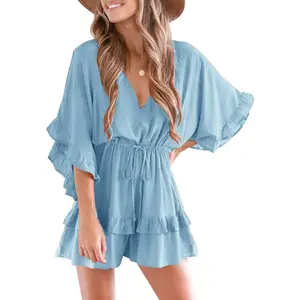 Cicy Bell Womens V Neck Beach Romper Ruffle Layered Drawstring Waisted Shorts Jumpsuit