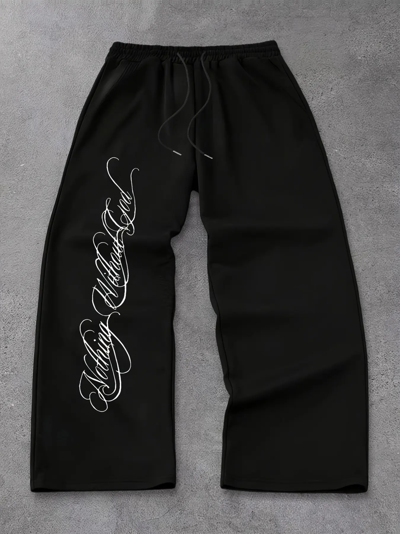 Unisex Wide Leg Sweatpants Soft Lightweight Stretch Elastic Adjustable Drawstring Metal Tip Waist Baggy Straight Leg Track Pants Black Solid Gothic Script Nothing Without God Letter Print Loose Full Length Streetwear Trousers Breathable All Season