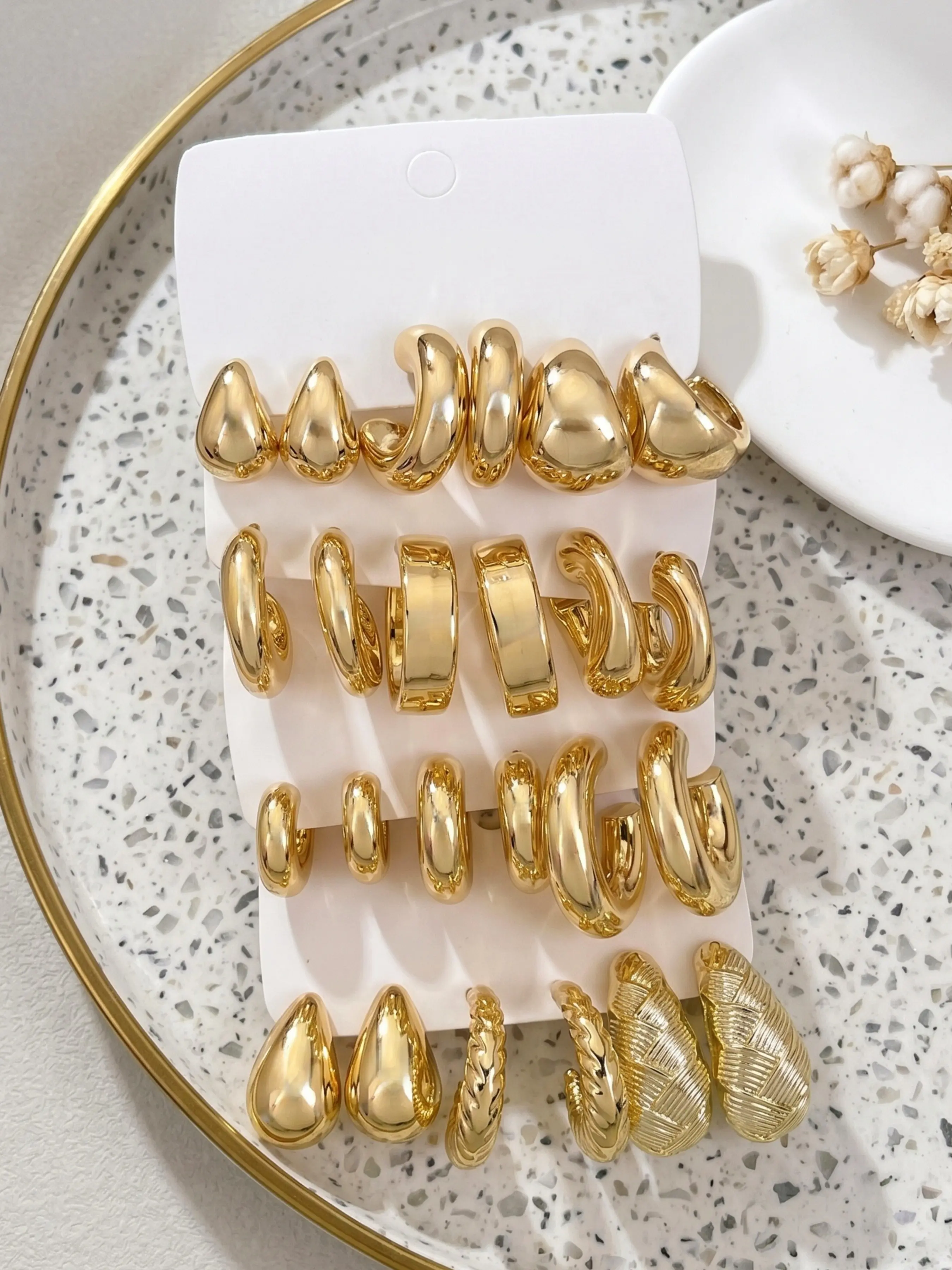 24PCS CCB Gold Chunky Open Hoop Earrings Set for Women, Fashionable Hoop Earrings, Multi‑Style Teardrop Twisted Ribbed Textured C‑Shaped Earrings, Bohemian Earrings, Casual Earrings Set, Trendy Minimalist Luxury Fashion Jewelry for Daily Wear