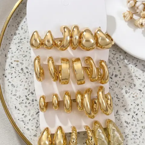 24PCS Gold CCB Open Textured Hoop Earrings Set, Multi Styles Teardrop Twist Vertical Texture C Shaped Ear Hoops, Minimalist Luxury Trendy Daily Fashion Ear Jewelry for Women