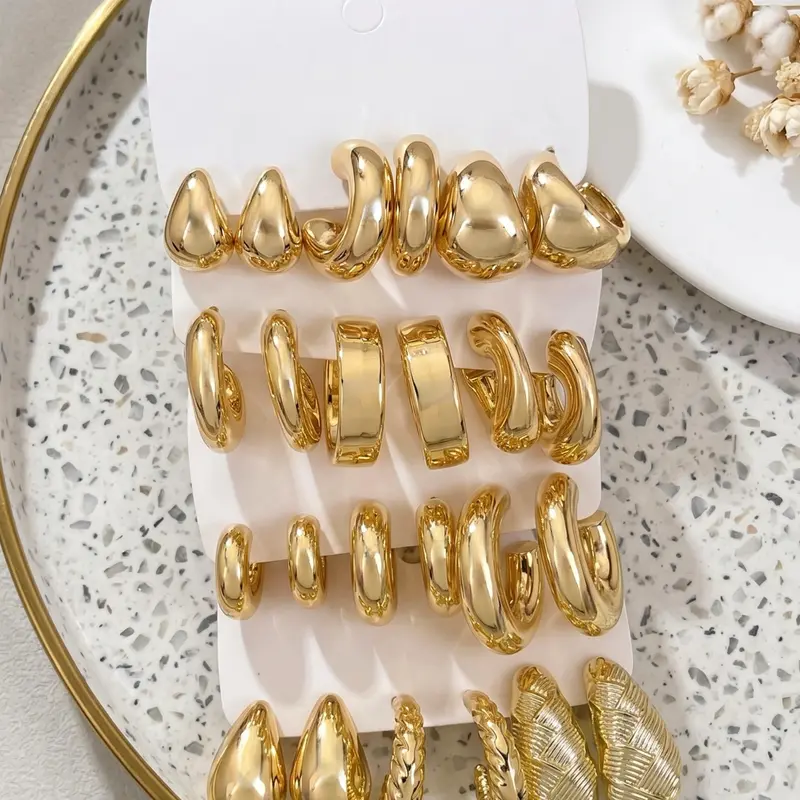 24PCS Gold CCB Open Textured Hoop Earrings Set, Multi Styles Teardrop Twist Vertical Texture C Shaped Ear Hoops, Minimalist Luxury Trendy Daily Fashion Ear Jewelry for Women