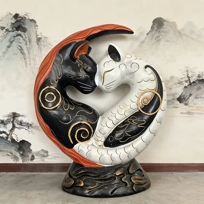 Boho Style Cat Resin Figurine, and Yin Yang Art, Modern Home Decor, Indoor Outdoor Decoration, Birthday or Moving Gift