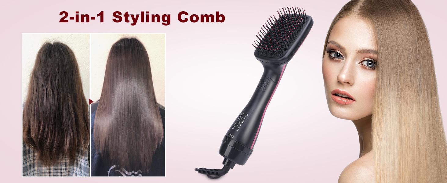 2 in 1 Hair Dryer Brush & Straightener Brush, Hair Dryer and Styler, Negative Ion Blow Dryer Brush, Hot Air Brush Detangles, Dries, Smooths, Reduce Frizz & Static
