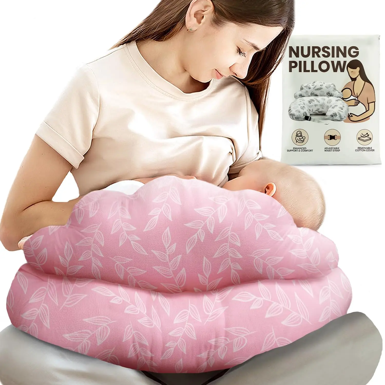 Ergonomic Cotton Nursing Pillow for Breastfeeding - Safe, Soft Cushion with Removable Cover, Adjustable Waist Strap, Multi-Functional Mom & Baby Support, Newborn Registry Essential, Gift
