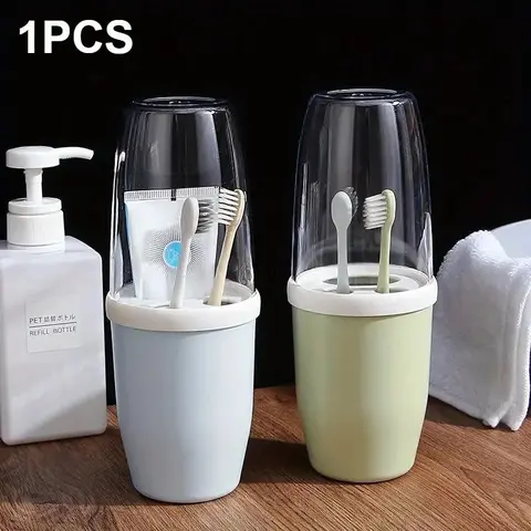 Stylish Couple Mouthwash Cup with Leak-Proof Lid, Compact Concealed Toothbrush Holder for Home & Travel, Convenient Storage Solution