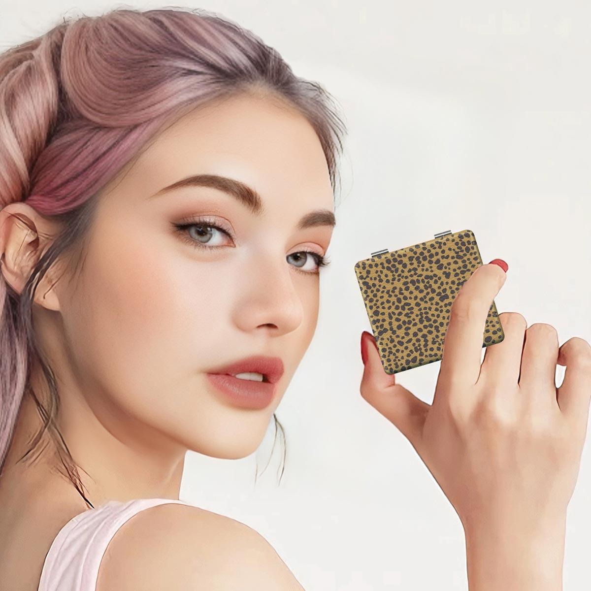 Portable Folding Makeup Mirror, 1 Count Leopard Pattern Mini Handheld Makeup Mirror, Compact Mirror for Travel, Daily Use, Unisex Gift