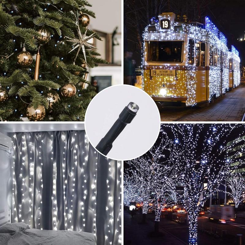 Solar-powered decorative string lights: The warm light version contains 200 LEDs, while the white light version contains 300 LEDs. They support 8 different flashing effects, making them perfect for decorating Christmas scenes, as well as for embellishing