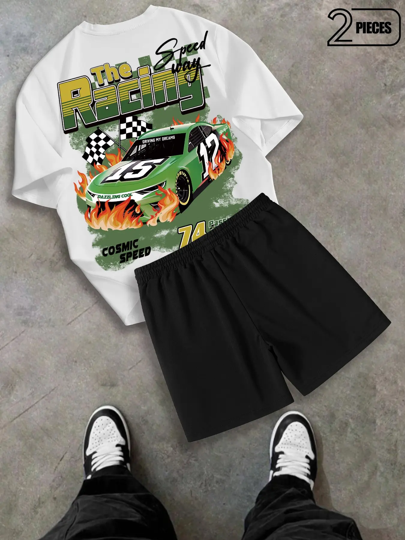 Vintage Nascar Racing Style Casual Two-Piece Set, Asymmetric Race Print, Gradient Font, Flame Car Graffiti, Loose Fit Tee & Drawstring Shorts