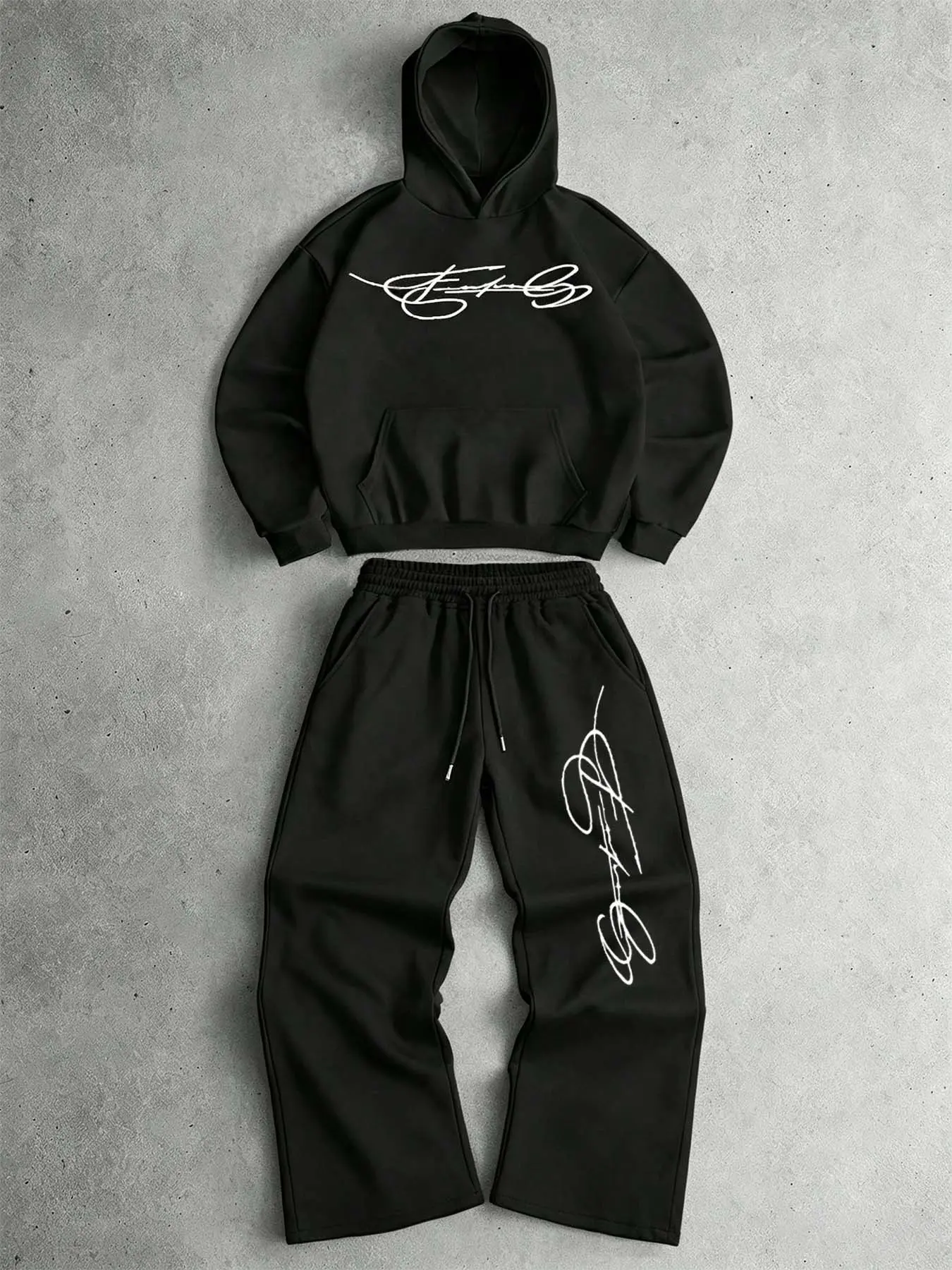 Unisex two-piece sports casual set, hoodie with iconic letter print, drawstring wide-leg sweatpants with side pockets, black soft loose street-style daily casual wear #matchingtracksuit #streetwearset
