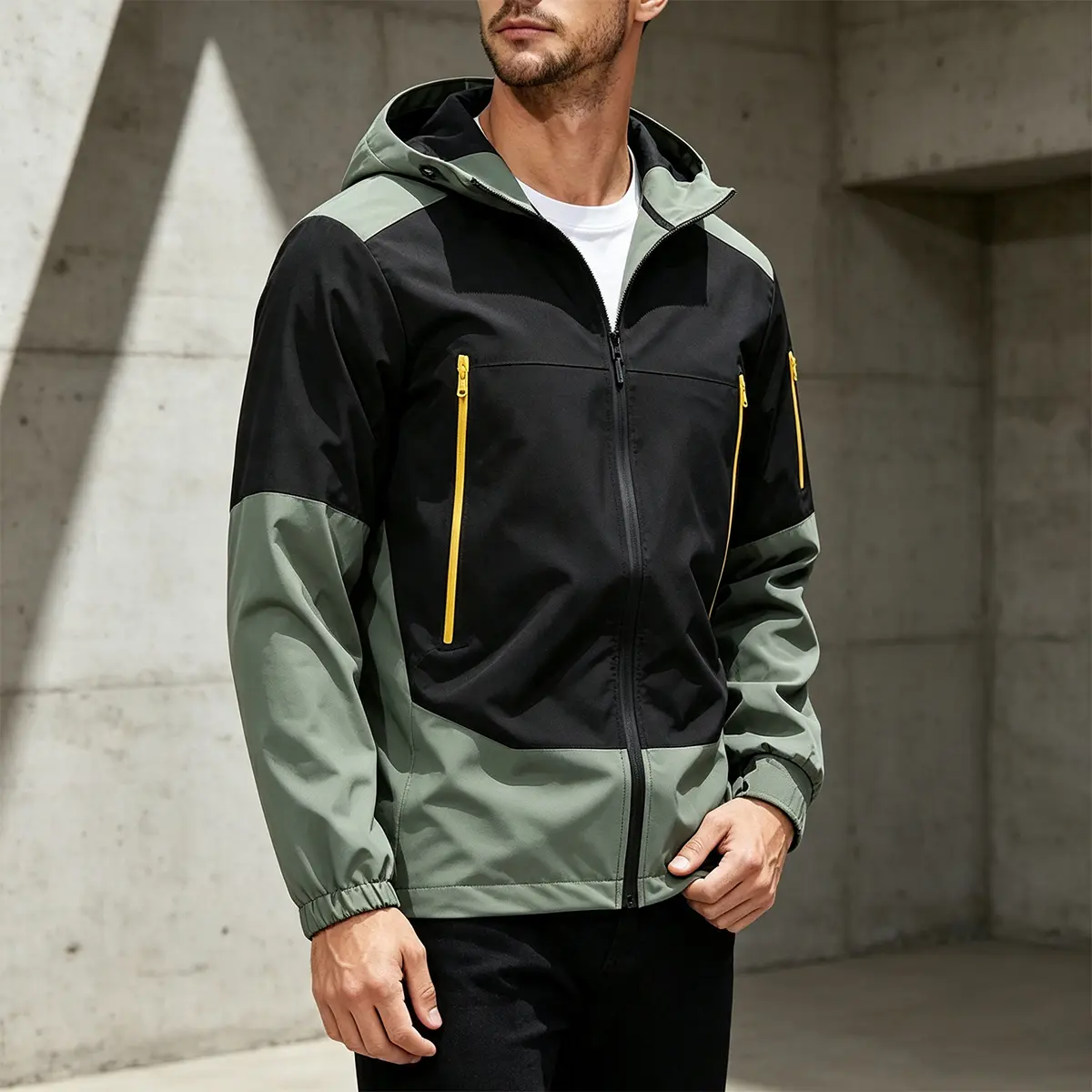 Men's Loose-Fit Color Block Hoodie Jacket - Polyester Windproof Lightweight Zip-Up Windbreaker with Elastic Cuffs, Contrast Zipper Pockets, Machine Washable Outerwear for Spring Autumn Hiking, Street Fashion