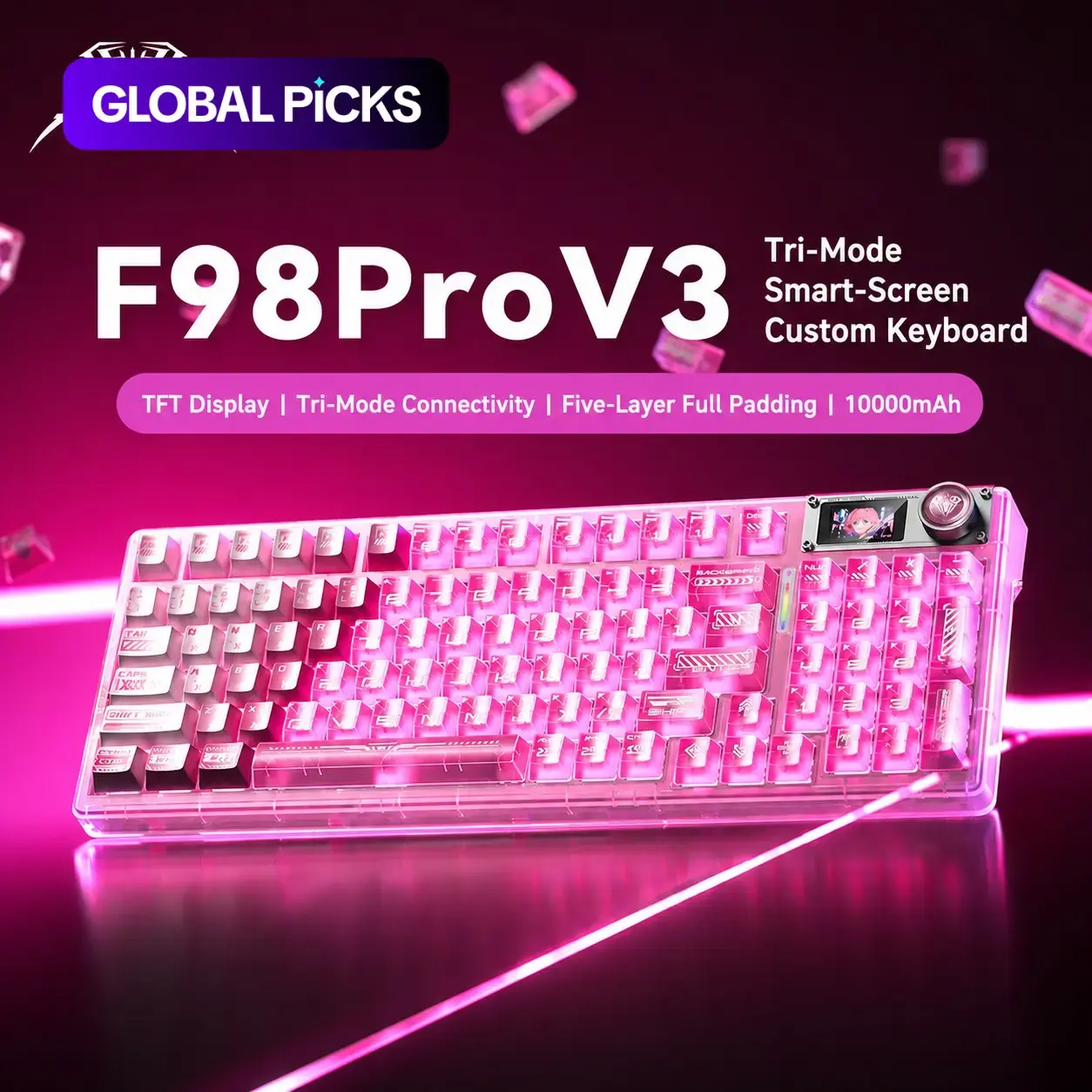 AULA F98Pro V3 3-mode mechanical keyboard, Tri mode keyboard, high-definition smart screen, long battery life, multi-function knob, RGB lighting, hot-swappable shaft, compatible with Windows/Mac/iOS system equipment, suitable for e-sports games & office