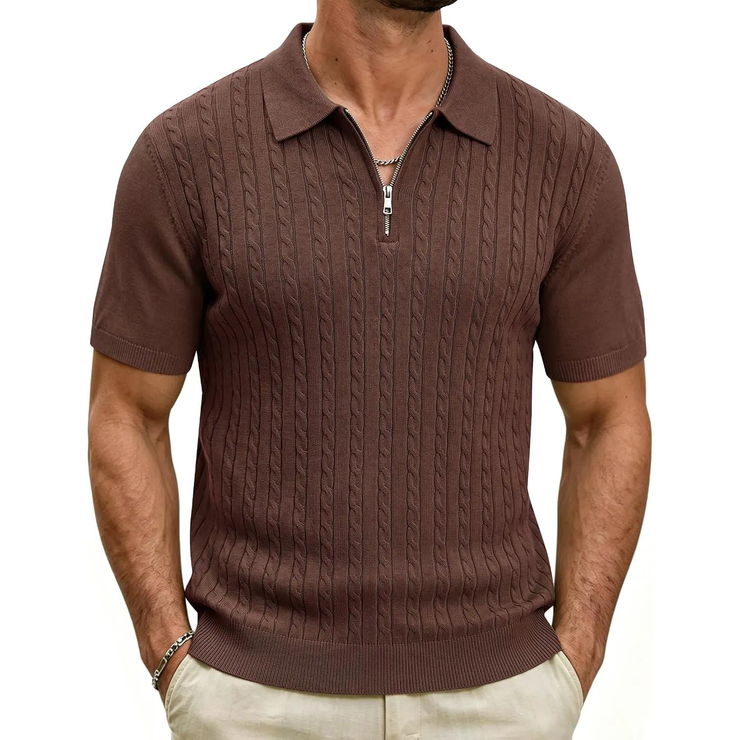 Barry.Wang Men's Cable Knit Quarter-Zip Polo Shirt, Short Sleeve, Textured Ribbed Collar Pullover, Preppy Menswear Tops, Breathable Fabric for Summer Golf, Office Casual, Garment