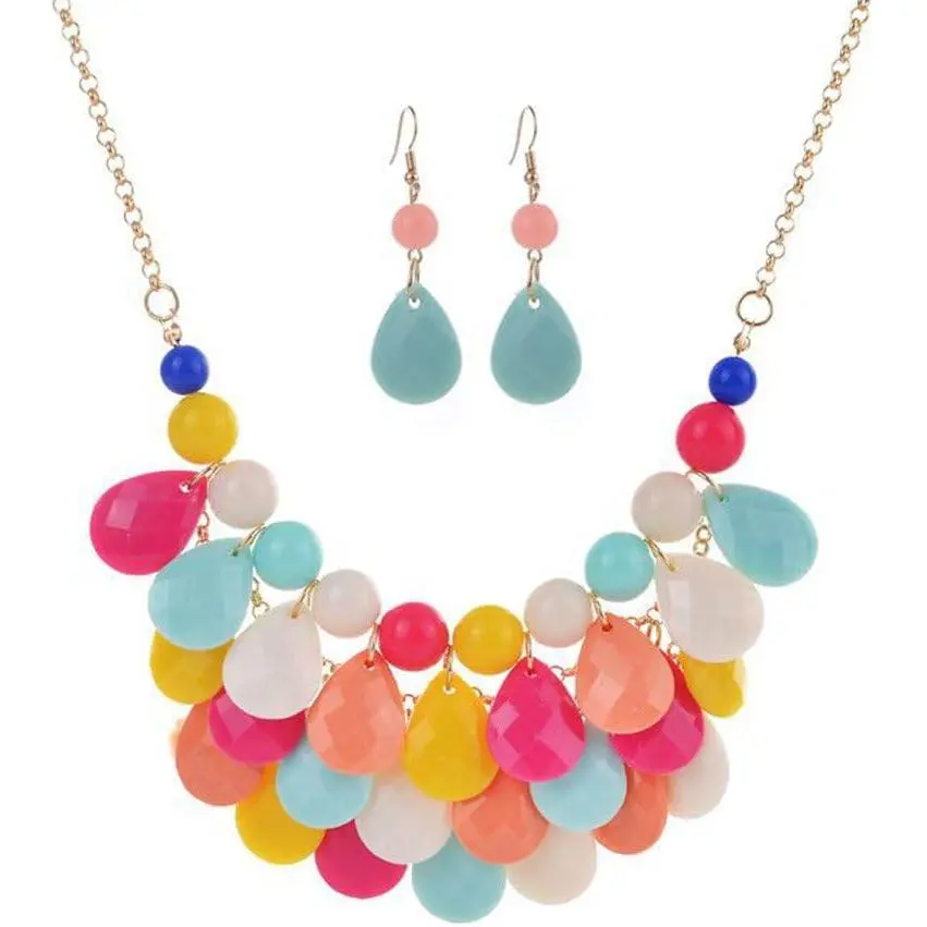Floating Bubble Necklace Layered Teardrop Statement necklace  Beaded  Necklace Earrings  Set for Women