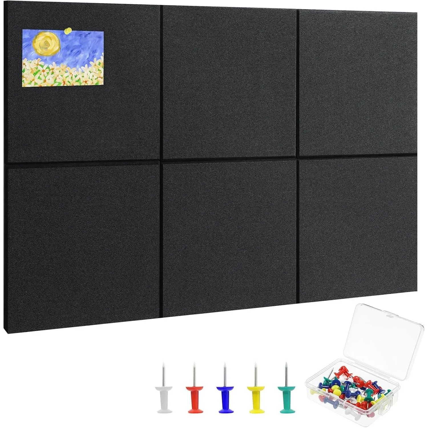 Cork Board Alternative 28" x 19", 6 Pack Felt Bulletin Boards, Pin Board | Includes Pushpins & Self-Adhesive Strips, Felt Wall Tiles Notice Boards for Walls Office  School Decor - Black