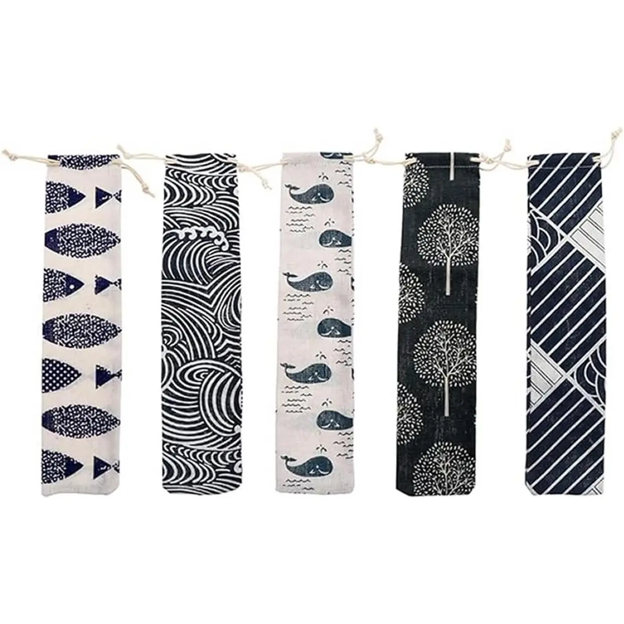 Women's Minimalist Kitchen Organiser 5PCS Reusable Linen Drawstring Cutlery Pouches - Japanese-Inspired Travel Tableware Storage Bags for Spoon, Fork, Chopsticks, Straws (6x26cm)