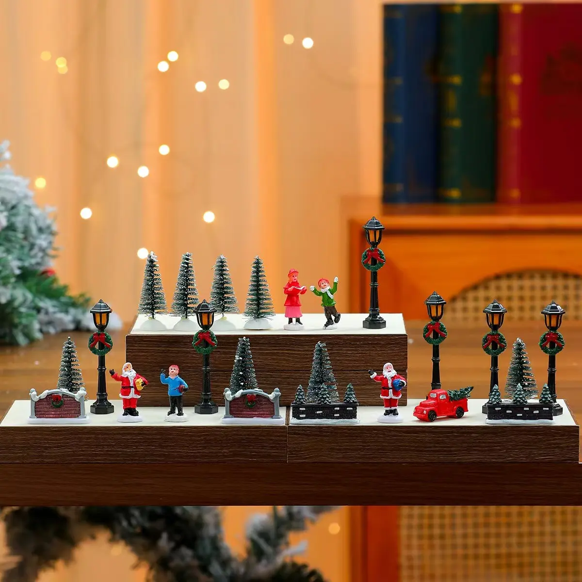 Christmas Miniature Resin Decor Set, Santa Claus Street Lights, Pine Trees, House Scene Accessories, Desktop DIY Decoration, Christmas Gift
