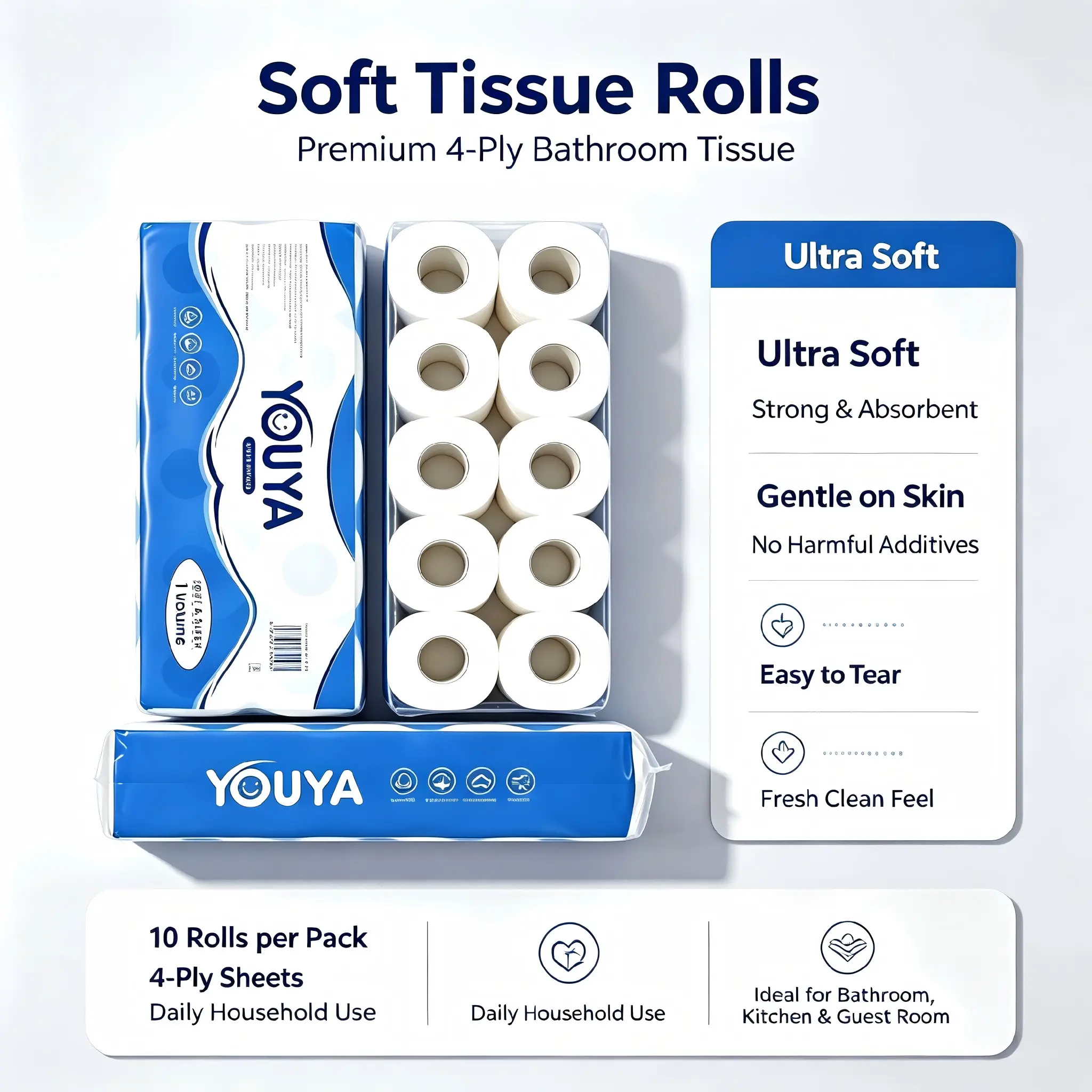 Blue Packaging Toilet Paper Roll, 10 Packs Per Case, Home Use Value Pack, 100% Virgin Pulp, Ideal for Home, Dorm, Office, Hotel, Business, Travel, Household Tissue