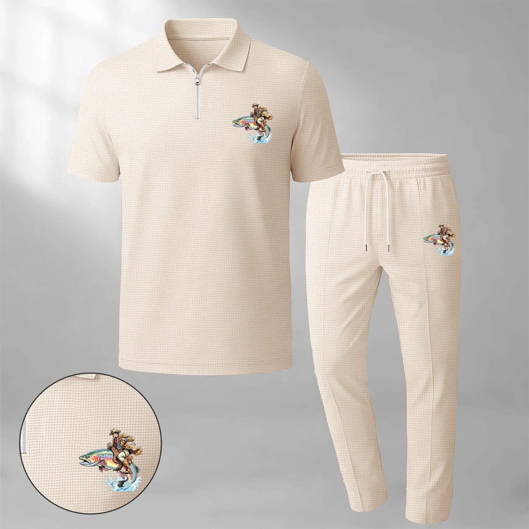 Men’s Surfing Bear Graphic Waffle Knit Polo Shirt and Pants Set, Short Sleeve Zip Collar Polo Top with Matching Drawstring Trousers, Casual Two Piece Outfit, Lightweight Comfortable Streetwear Set for Daily Wear, Travel and Summer Fashion