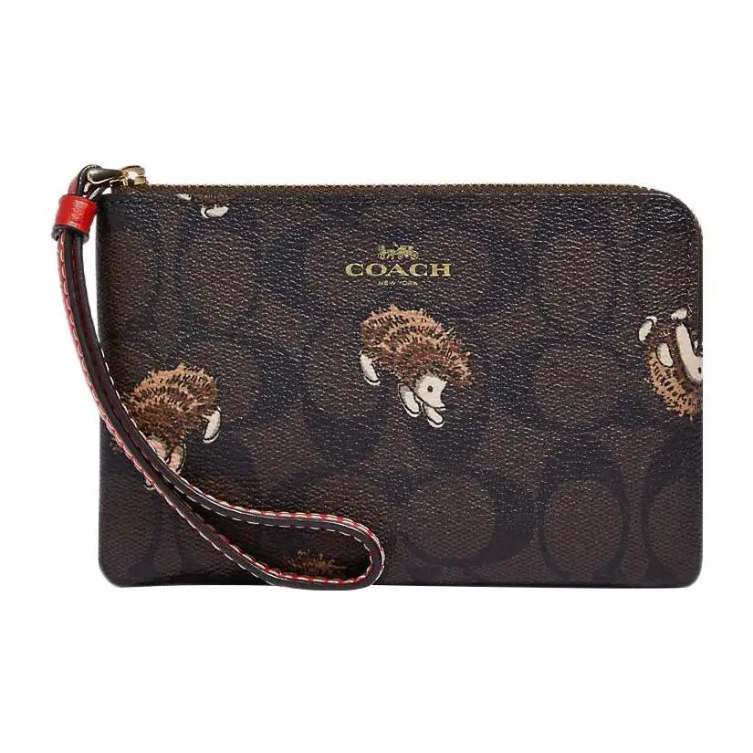 COACH Corner Zip 16 Wristlet Clutch Bag for Women, Classic Monogram Hedgehog Print, Coated Canvas with Leather, Brown and Black