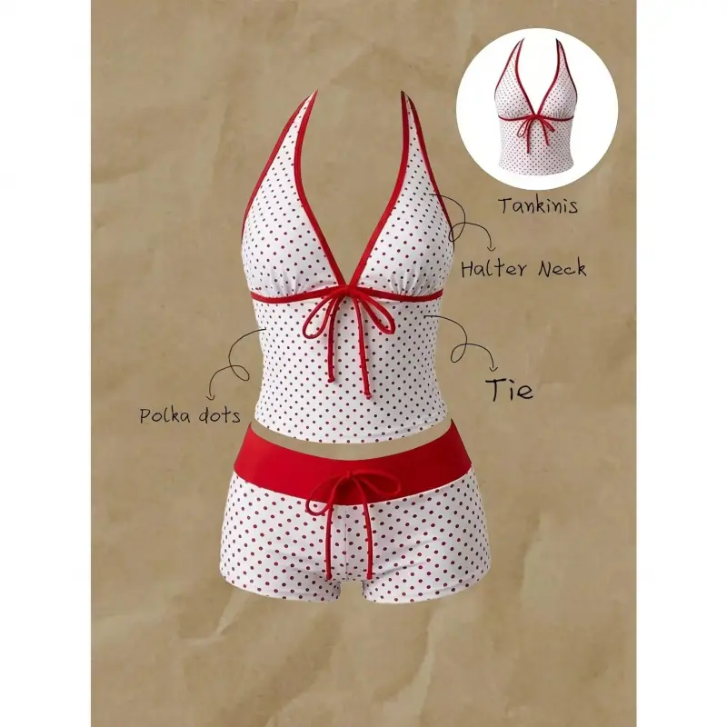 Women'S Trendy 2pcs Polka Dot Tankini Swimsuit Travel Outfits, Brown And Halter Top with Boyshort Bottom, Vintage Tie Front Bathing Suit, Modest Swimwear for Beach Vacation, Coordinated Set, Long Lasting, Retro Style