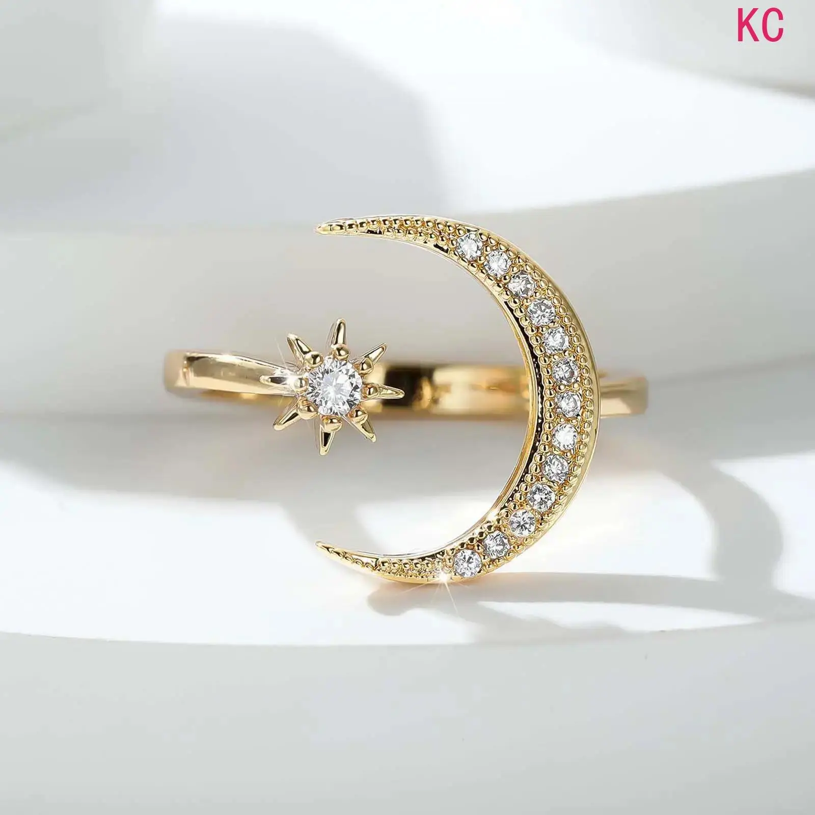 Adjustable Open Crescent Moon Stainless Steel Ring, Rhinestone And Moissanite Inlaid Celestial Band, Artificial Gem Statement Jewelry For Daily Wear