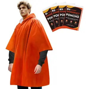 4 Pack Emergency Ponchos with Thickened Mylar Blanket Lining Windproof Waterproof Thermal Orange Survival Ponchos Perfect for Outdoor Rescue Family Camping Gear Car Emergency Kits