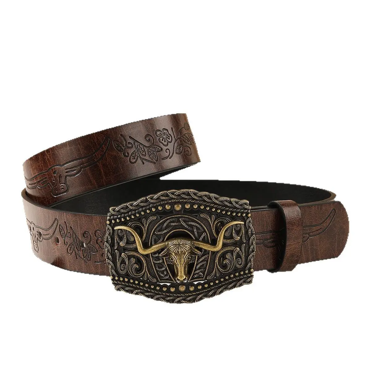 Men's Cowboy Waist Bucklebelt - Western Cowboy Belt with Wood Grain PU Material, Casual Bronze Longhorn Embossed Buckle, Cowboy Waist Belt