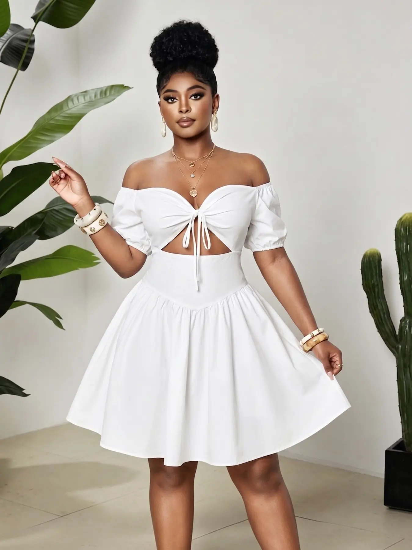 Plus Size Hot Girl Mini Dress Summer Fit with Off Shoulder V Neck, Puff Sleeves & Waist Cutout, Flattering Hollow Out A-Line Design, Soft Comfort for Daily Trips, Beach Vacations and Festival Parties