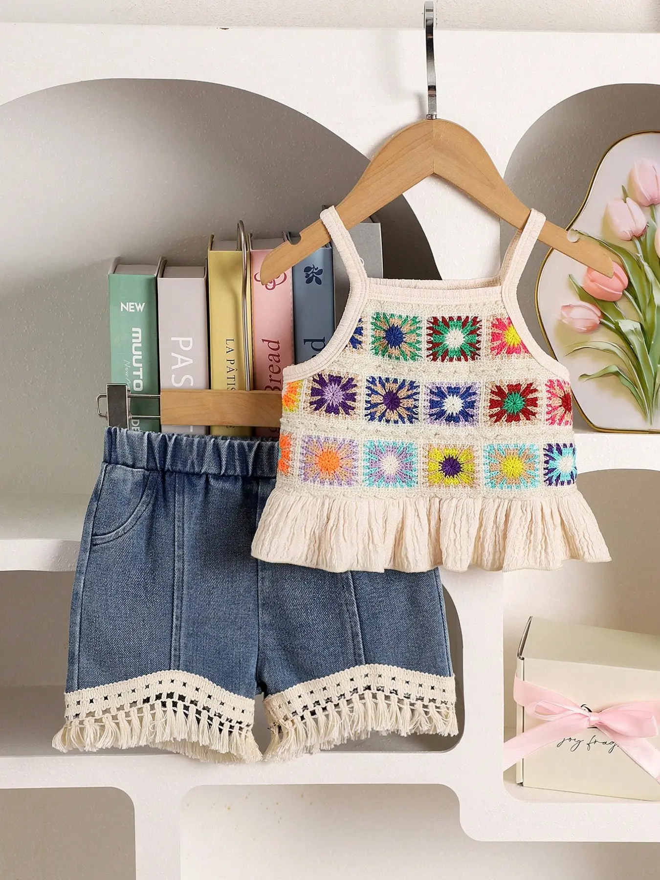 Girls' Boho Style 2-Piece Set, Crochet Wood Ear Halter Top and Fringe Denim Shorts, Fashionable Summer for Kids, Summer Outfits Set